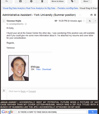 Illustration for article titled Girl who sent photo of Nicolas Cage as her job application illustrates importance of not doing thatÂ